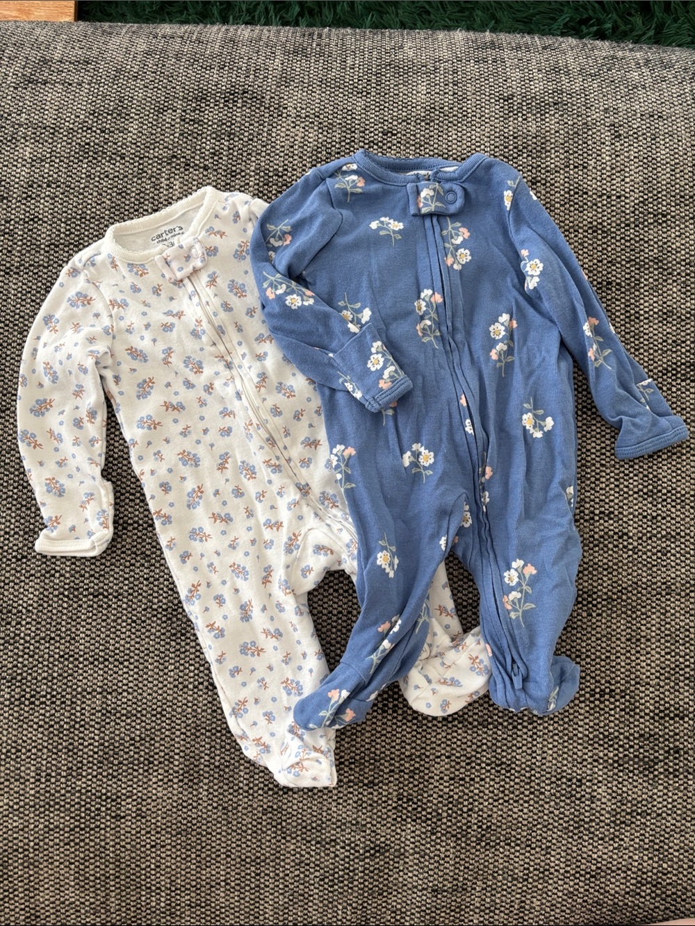 Pack of 2- Carter's Blue and Cream Floral Footed One-Piece Set